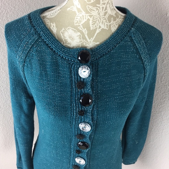 Vintage Pure Handknit Teal Green Silver Sweater Womens size small medium - Picture 2 of 8